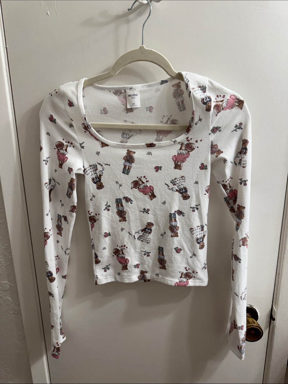 Hollister White Waffle-Knit Long Sleeve Top with Brown and Pink Teddy Print